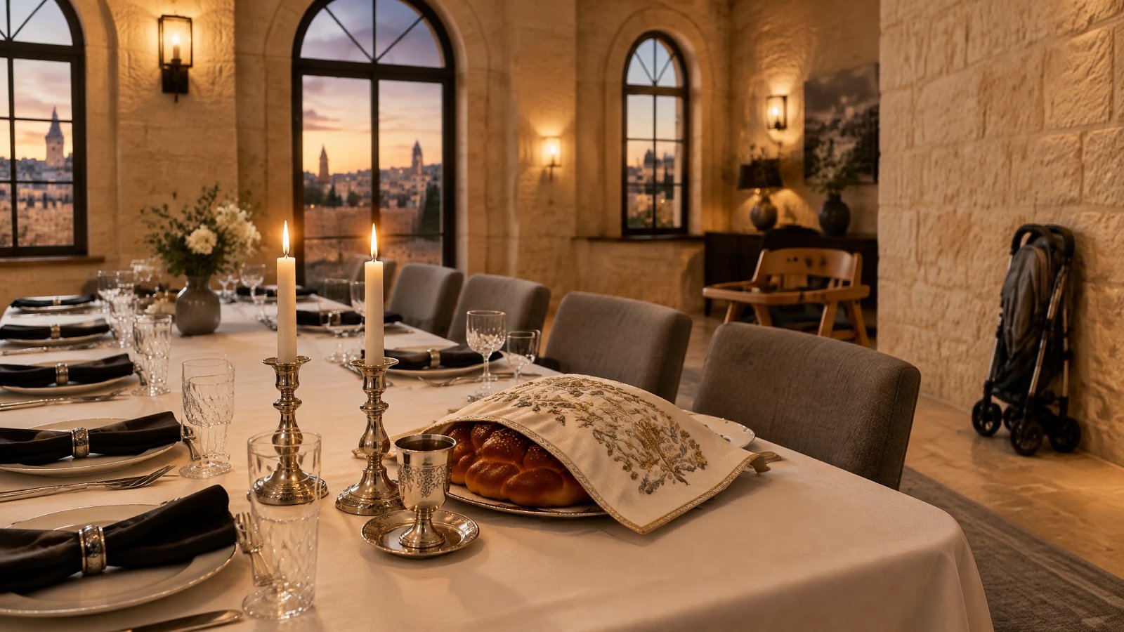 Family Shabbat table set in a Jerusalem hotel dining room with challah, candles and a high-chair