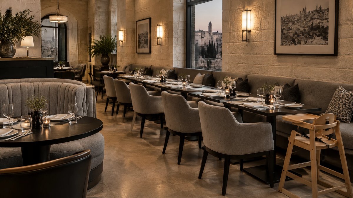 Hotel dining room in Jerusalem with a curved booth beside a wall banquette and a high-chair at the table end