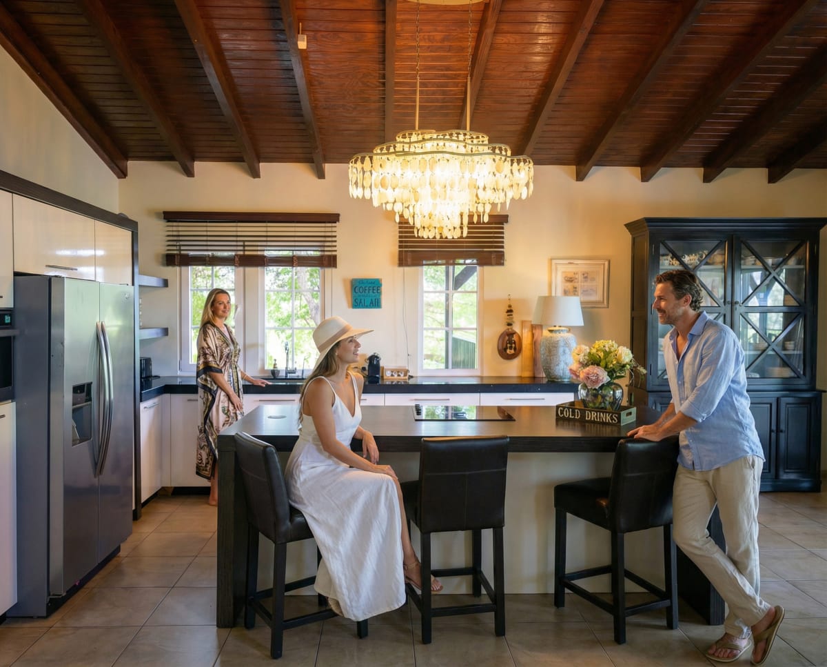 Three guests talking around the kitchen island in a Curaçao estate