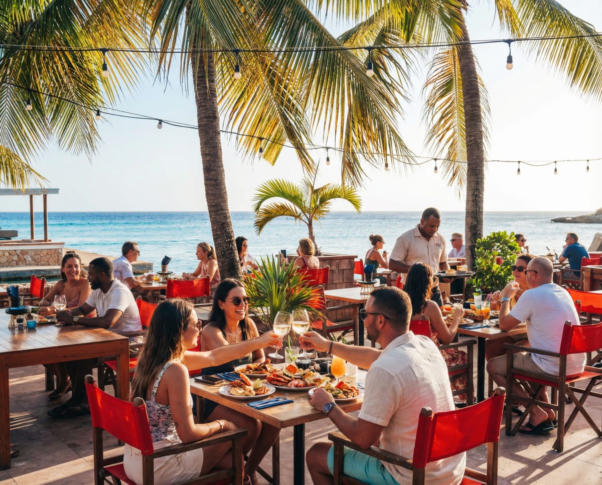 Guests dining at a beachfront restaurant in Curaçao