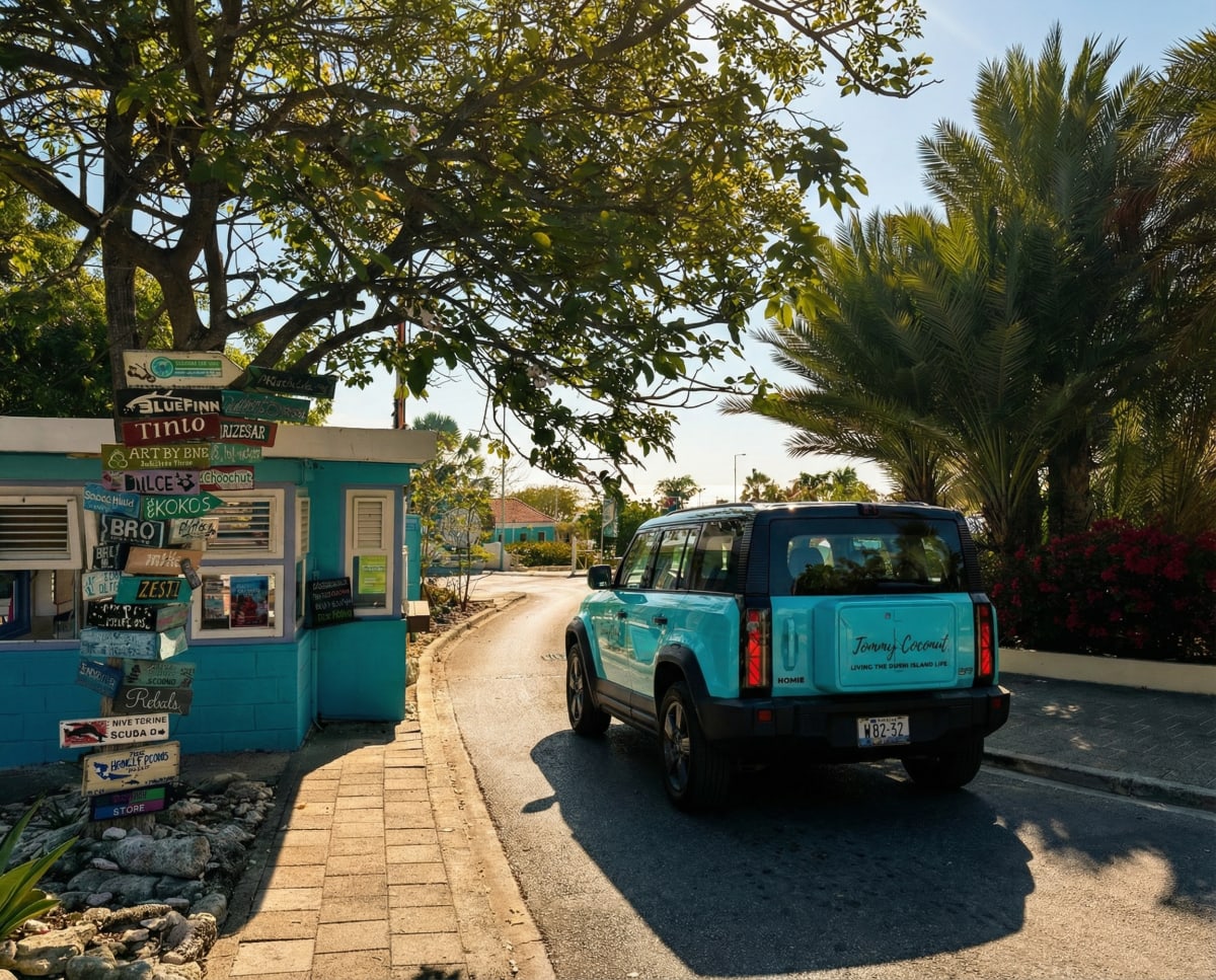 A turquoise vehicle on a road in Curaçao