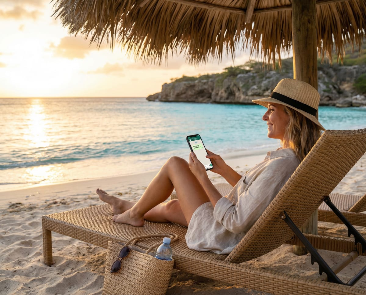 A guest relaxing on a Curaçao beach at golden hour
