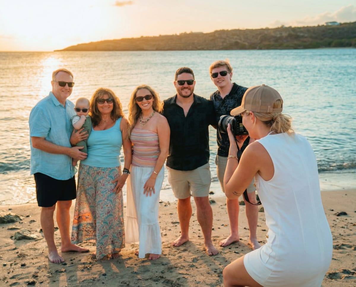 A family having its portrait taken on a Curaçao beach