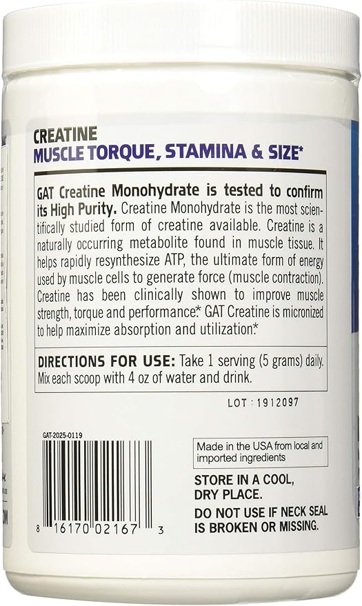 Creatina Monohidratada GAT 300gr - Informacion nutricional