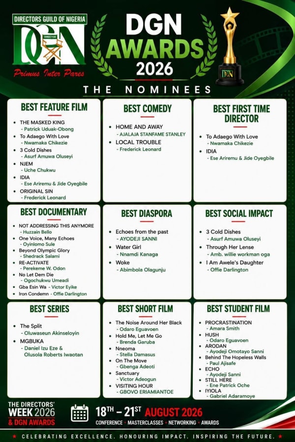 Directors Guild of Nigeria Unveils Nominees for DGN Awards 2026 Ahead of Directors Week