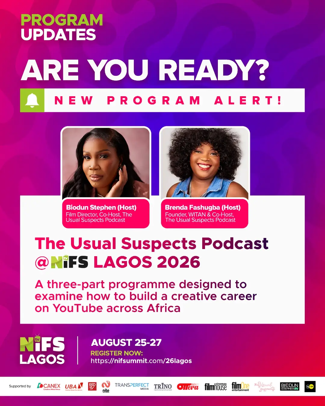 Biodun Stephen and Brenda Fashugba to Host The Usual Suspects Podcast at NIFS Lagos 2026 on Building a Creative Career on YouTube Across Africa