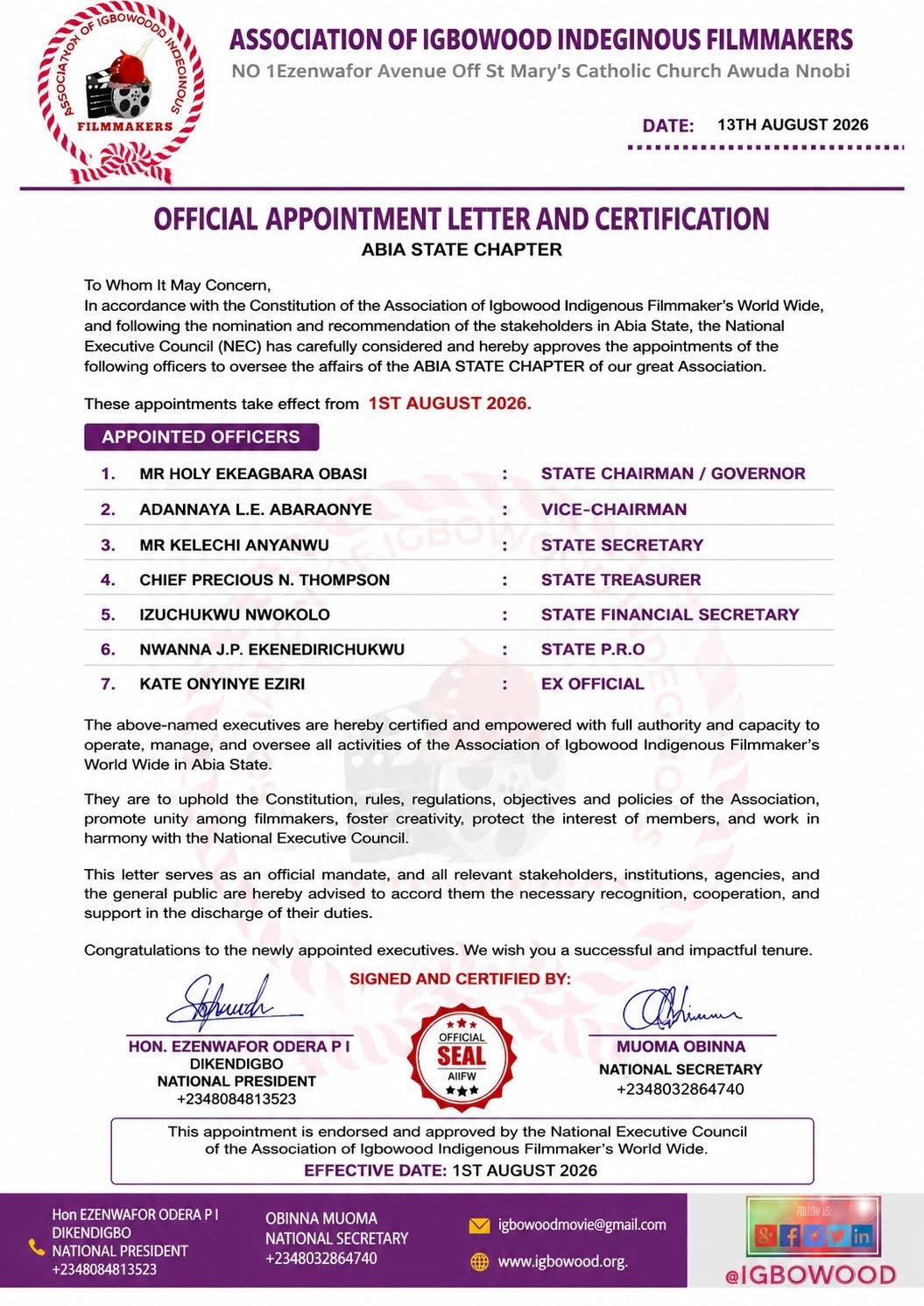 Association of Igbowood Indigenous Filmmakers Constitutes Abia State Chapter