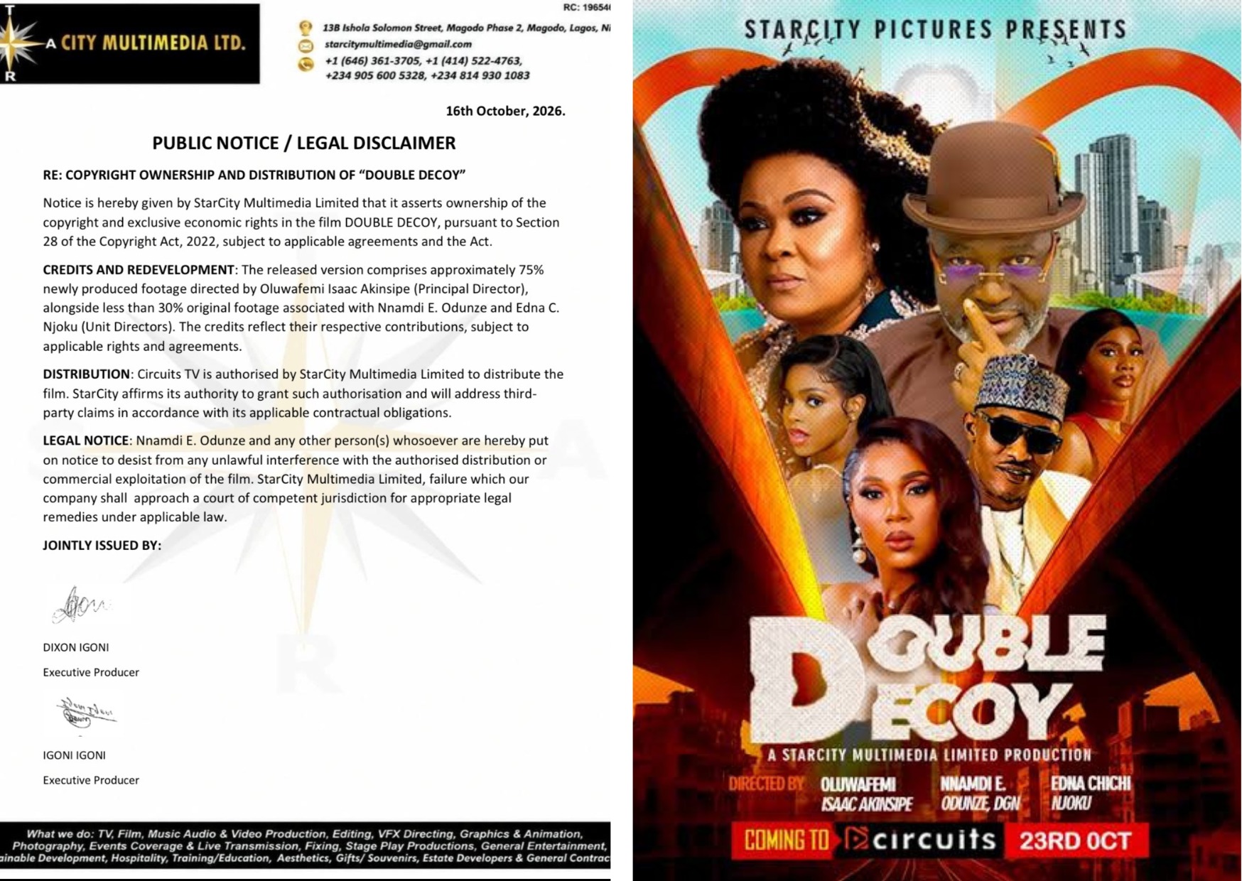 StarCity Multimedia Claims Copyright to Double Decoy, Names Oluwafemi Isaac Akinsipe Principal Director, Issues Legal Notice to Nnamdi Odunze
