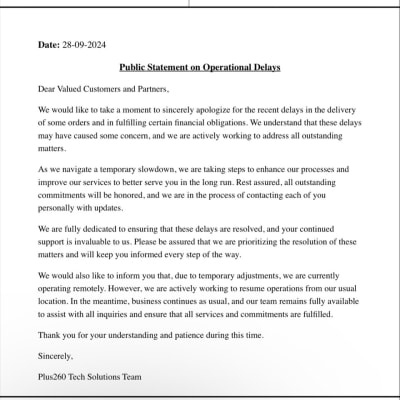 PUBLIC STATEMENT ON OPERATIONAL DELAYS  image