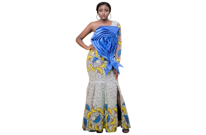 Haute couture Afrocentric Chitenge outfit with large blue rose
