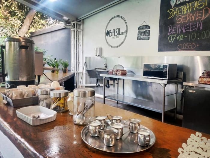 Enjoy free tea and instant coffee all day at the Basil Cafe