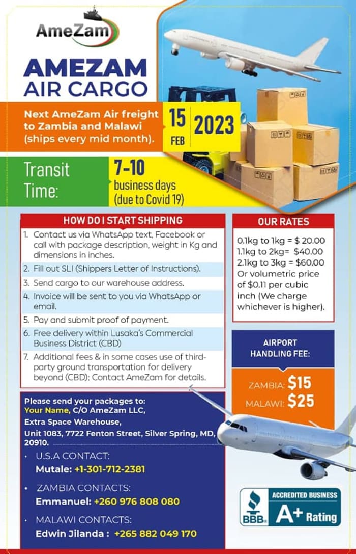 Air freight Shipment schedule Zambia and Malawi News by AmeZam Shipping