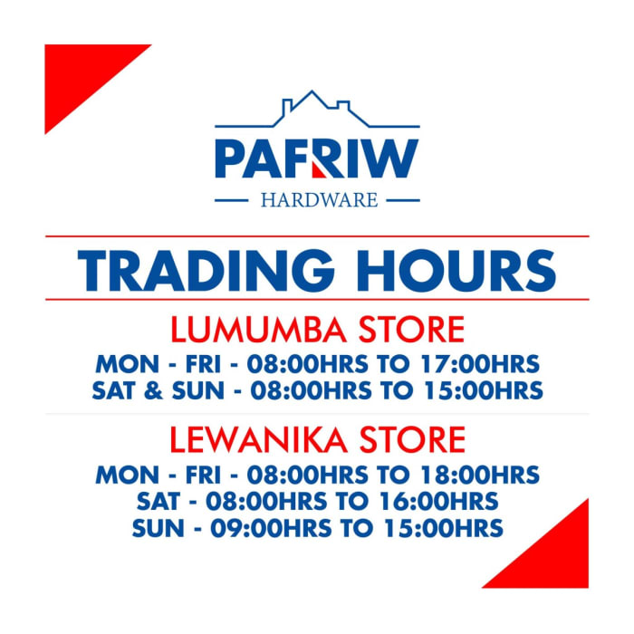 Pafriw Hardware is open 7 days a week