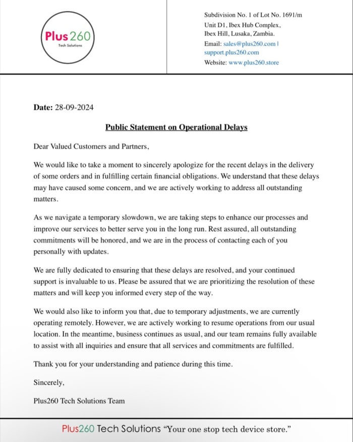 PUBLIC STATEMENT ON OPERATIONAL DELAYS 