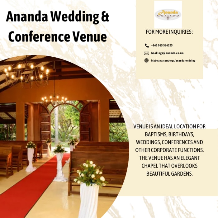 Ananda Wedding & Conference Venue in Lusaka, Zambia is a picturesque and versatile event space that caters to a variety of occasions. 