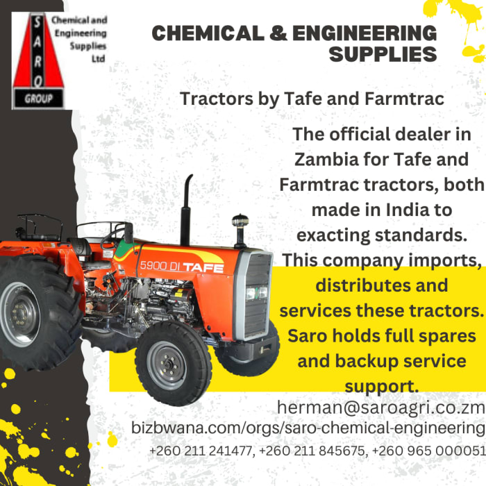 Tractors by Tafe and Farmtrac are reliable and efficient farming equipment that are distributed by Chemical & Engineering Supplies (Saro) in Lusaka, Zambia. 