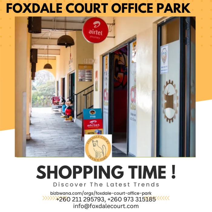 Foxdale Court Office Park in Lusaka, Zambia, offers a diverse range of retail opportunities for businesses and customers alike