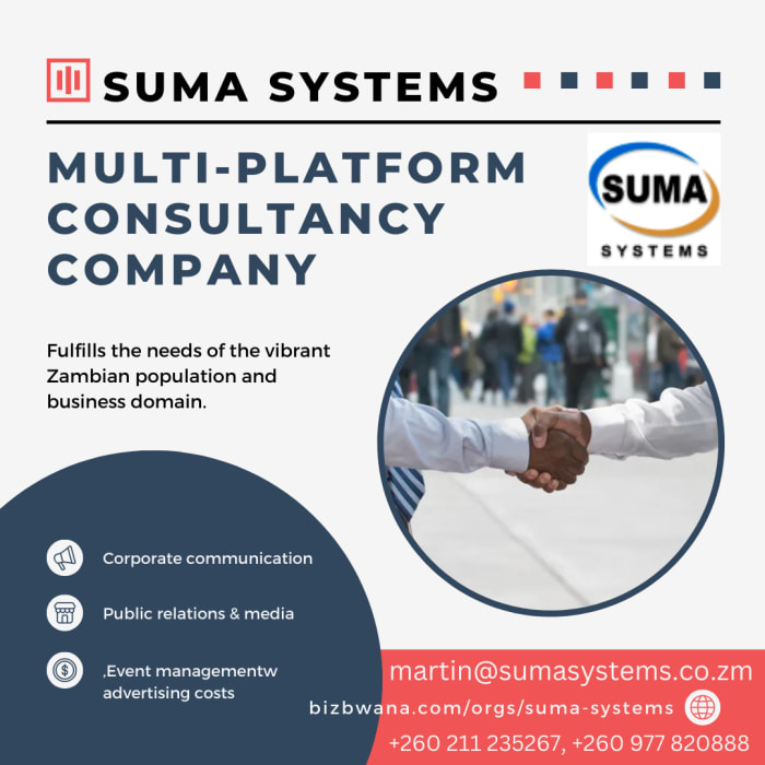 Suma Systems is a renowned company based in Lusaka, Zambia, that specializes in media, public relations, event management, and corporate communication services.