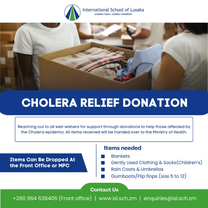 The International School of Lusaka has recently made a significant contribution towards Cholera relief efforts in Zambia.