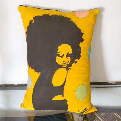 Yellow Cushion with drawing of a lady image