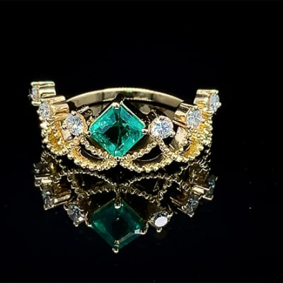 Diamond & Emerald Yellow Gold Crown Ring image