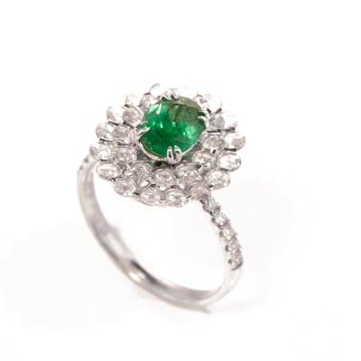 White Gold Emerald & Diamonds  Flower Ring image