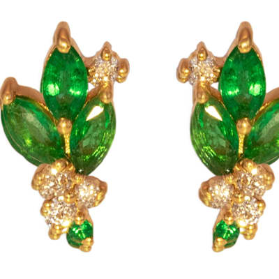 Yellow Gold  Diamond Emerald  Flower Shaped Stud Earrings  image