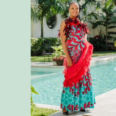 Sleeveless maxi chitenge blue with red floral image