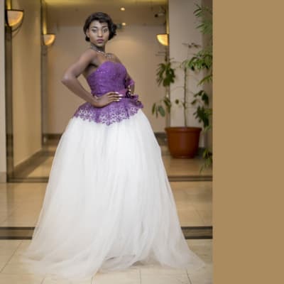 White gown wedding dress with purple laced sleeveless top image
