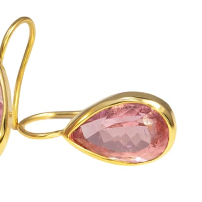 Yellow Gold  Pink Tourmaline  Tear Drop Earrings  image