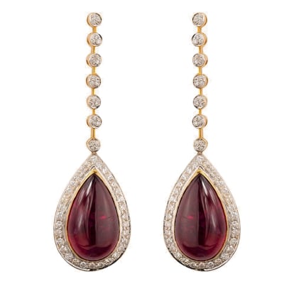 Yellow Gold  Rubellite Tourmaline & Diamond Pave  Tear Drop Earrings  image