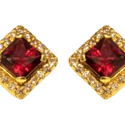 Yellow Gold  Rubellite Red Tourmaline & Diamond Cage Set  Stud Earrings  image