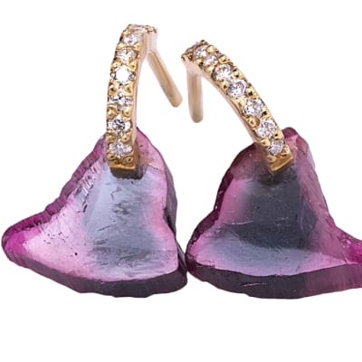 Yellow Gold  Diamonds & Sliced Watermelon Tourmaline Earrings  image