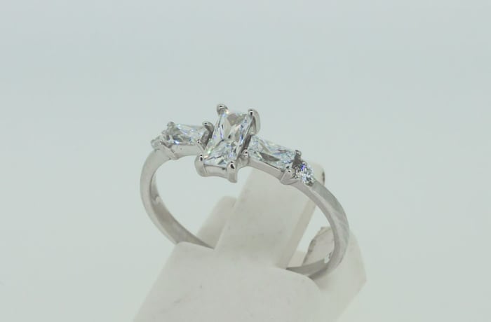 Silver Baguette Cut Crystal Engagement Ring