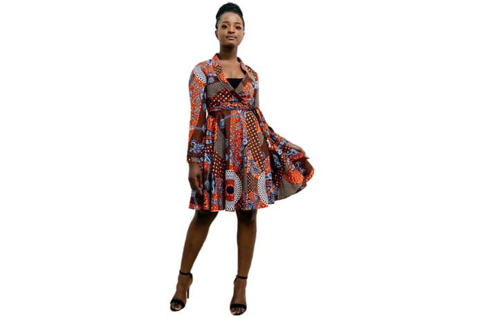 Short Ankara Wrap dress - Long sleeves with brown, red brick with blue prints