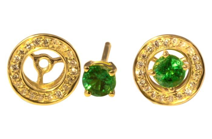 Yellow Gold  Emerald & Diamond Removable Jackets  Circular Stud Earrings 