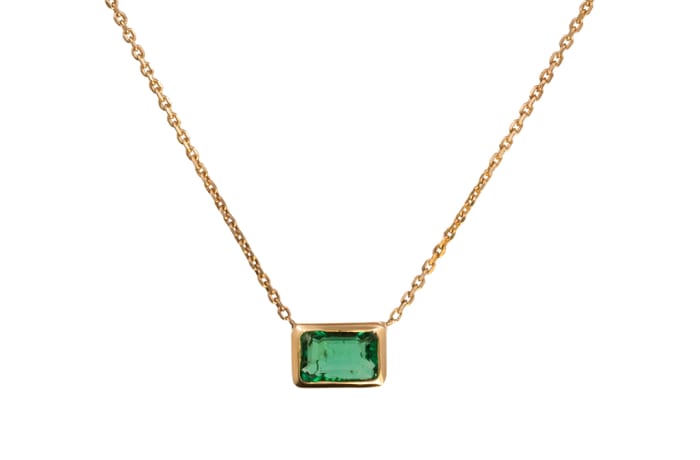 Yellow Gold  Emerald  Square Bezel Necklace 