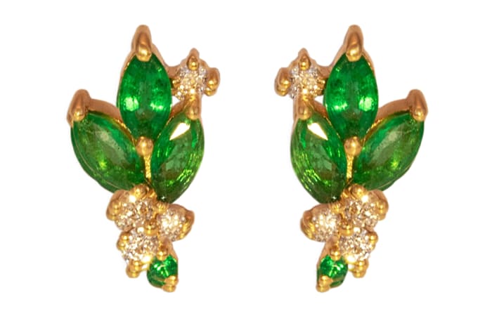 Yellow Gold  Diamond Emerald  Flower Shaped Stud Earrings 