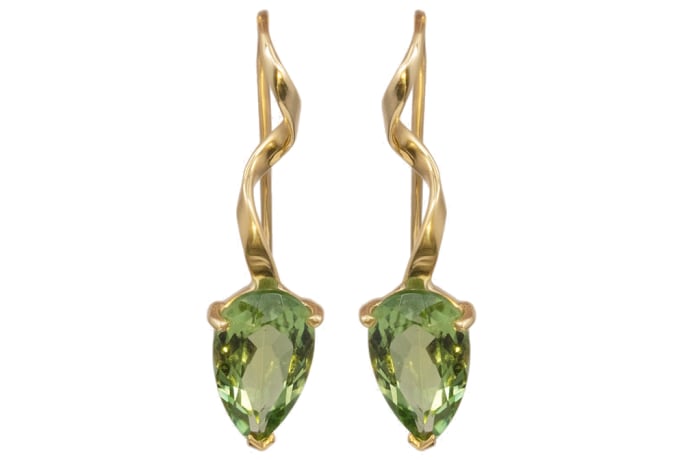 Yellow Gold  Green Tourmaline  Kudu Shaped Earrings 