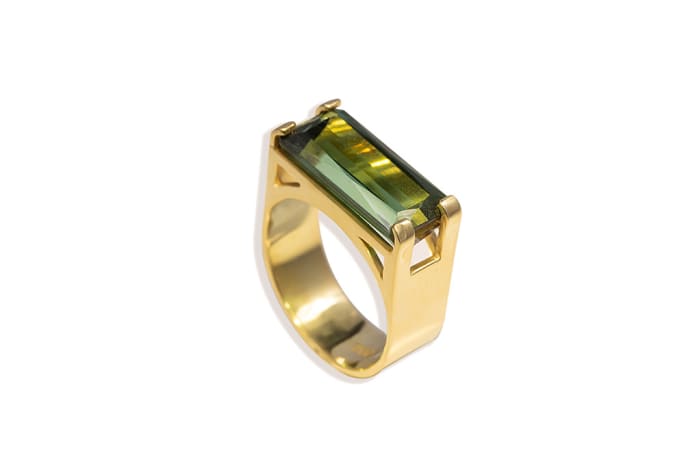 U Shank  Green Tourmaline  Yellow Gold Ring 