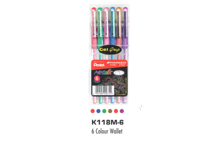 Hybrid Gel Ink Rollers - K118M6 Hybrid Metallic Grip - 6 Colour Wallet