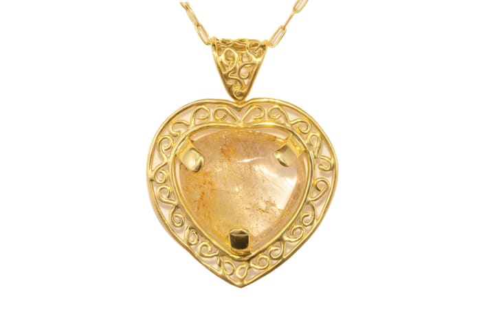 Yellow Gold  Rutile Quartz  Heart Pendant 