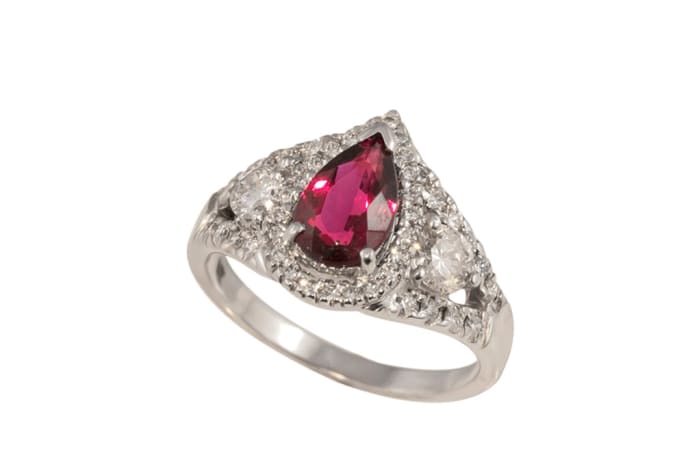 White Gold Rubellite Tourmaline  Pave Ring