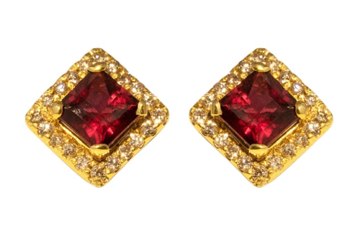 Yellow Gold  Rubellite Red Tourmaline & Diamond Cage Set  Stud Earrings 