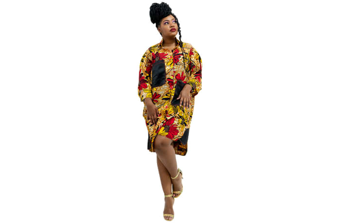 Shirt dress -Yellow with red prints and black pockets