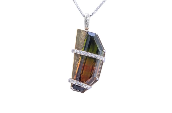 Yellow Gold  Watermelon Tourmaline & Diamond Abstract  Pendant 