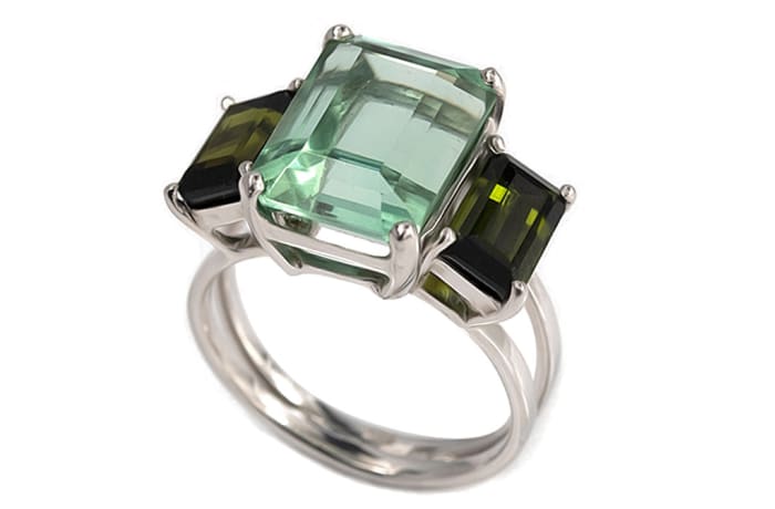 White Gold Tourmaline  Trilogy Split Shank Ring