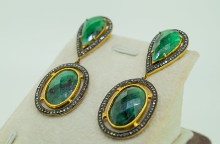 Yellow Gold Tear Drop Emerald Diamond Earrings image