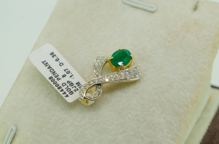 Yellow Gold Emerald & Diamond Ribbon Pendant image