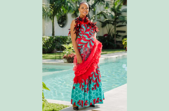 Sleeveless maxi chitenge blue with red floral image